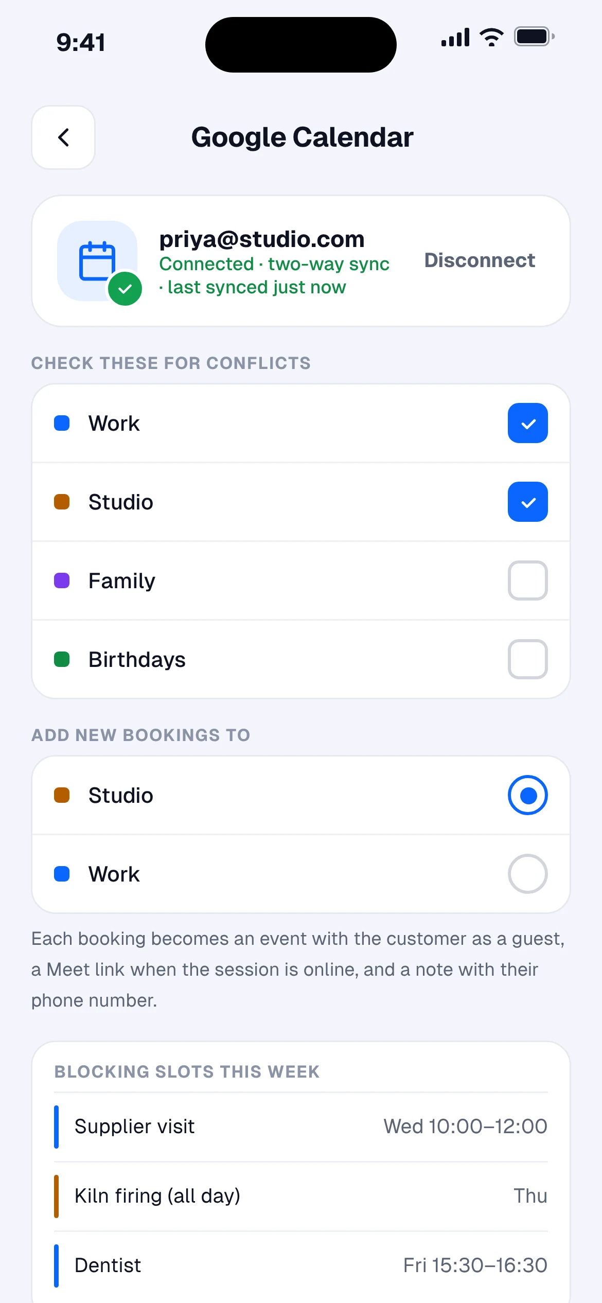 Google Calendar settings