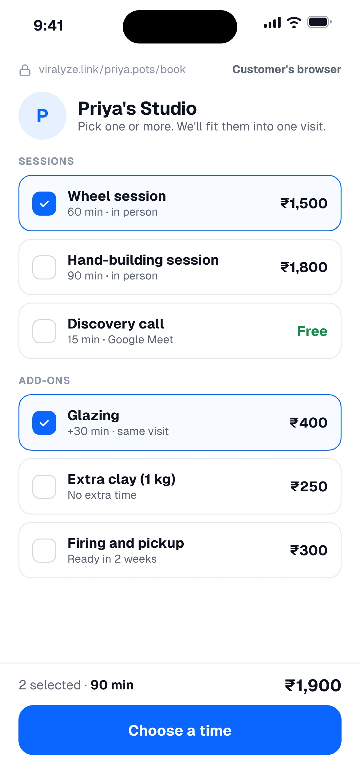 Customer booking page